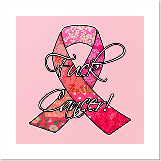 Fuck Cancer Retro Breast Cancer Awareness Ribbon Wall Art by artbyomega